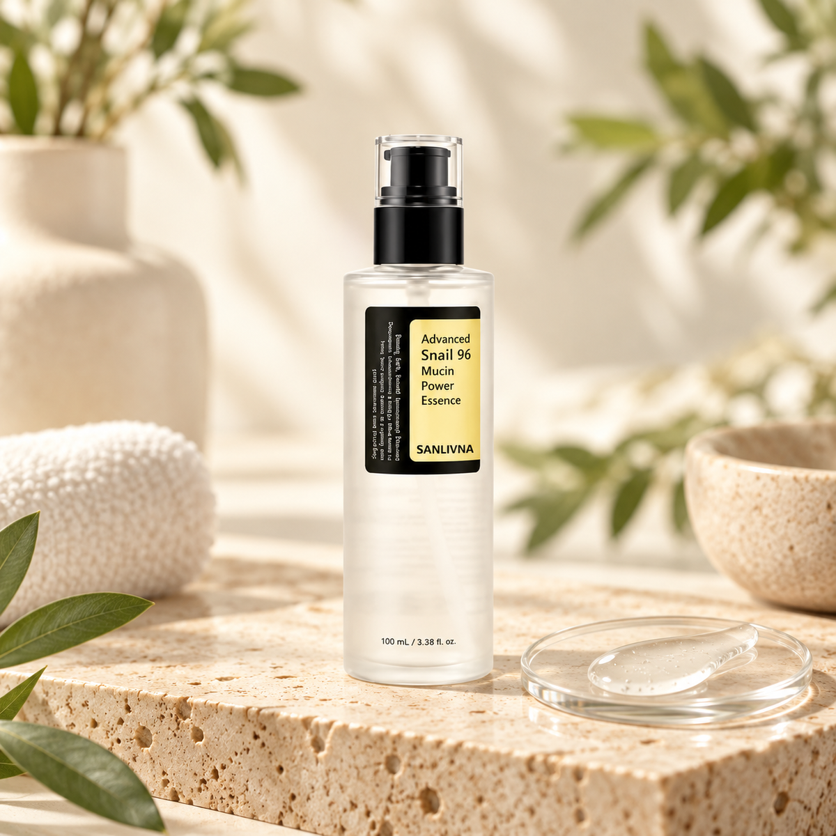 Flacon de sérum sur fond naturel et pierre claire